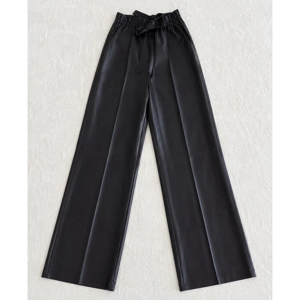 Vintage Women’s Black Formal Pants Wide-Leg Solid Tie Elastic Waist Preppy - Picture 2 of 16